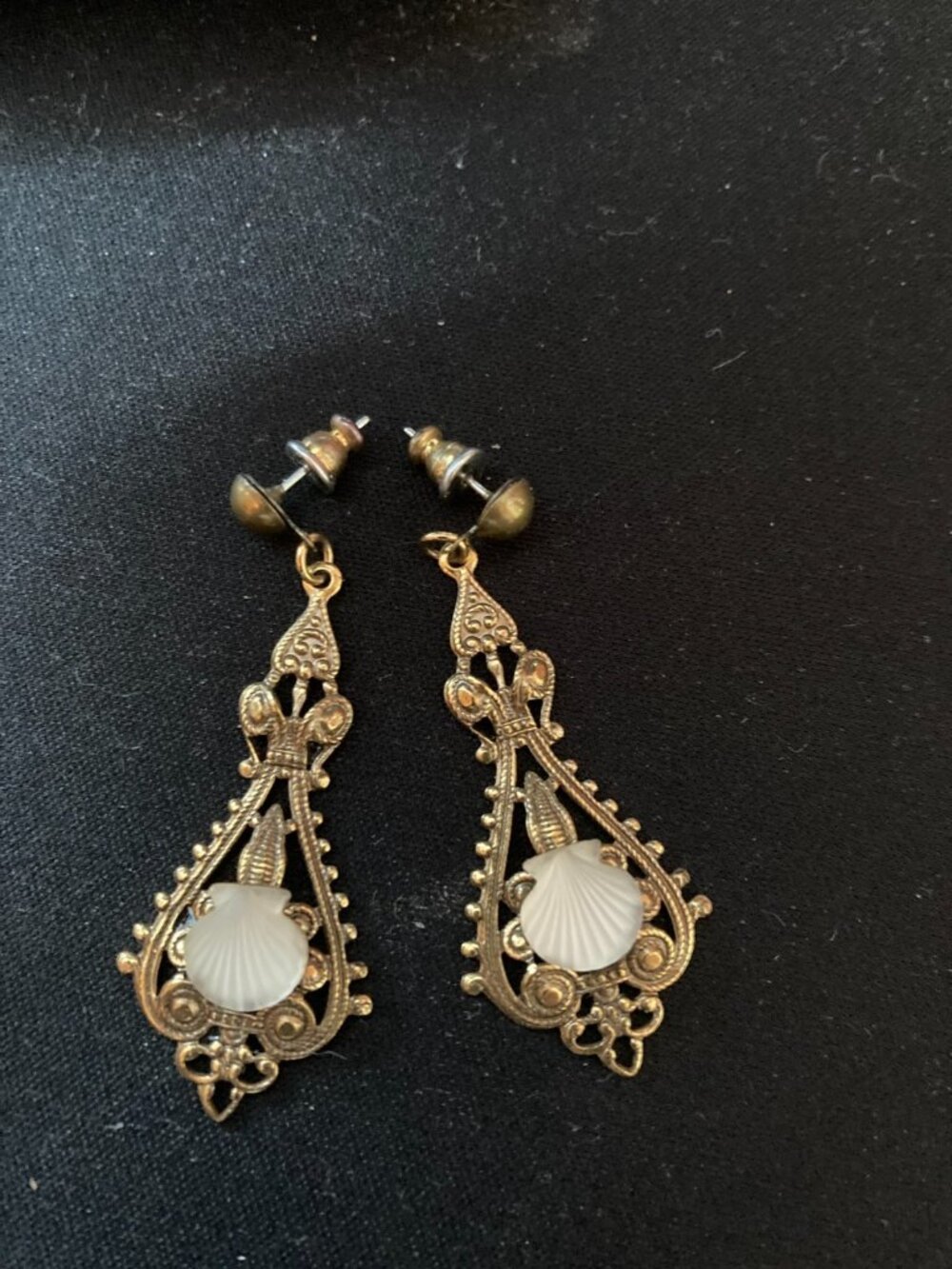 Vintage Brass Filigree Drop Earrings Mother Glass Shell Nouveau Design Pierced